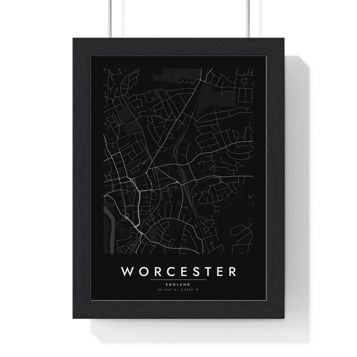 Worcester street map poster in black, minimal city map print framed in a black frame
