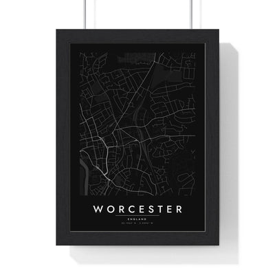 Worcester street map poster in black, minimal city map print framed in a black frame
