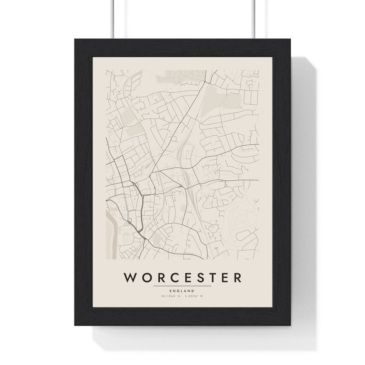 Worcester street map poster in cream, minimal city map print framed in a black frame