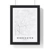 Worcester street map poster in white, minimal city map print framed in a black frame