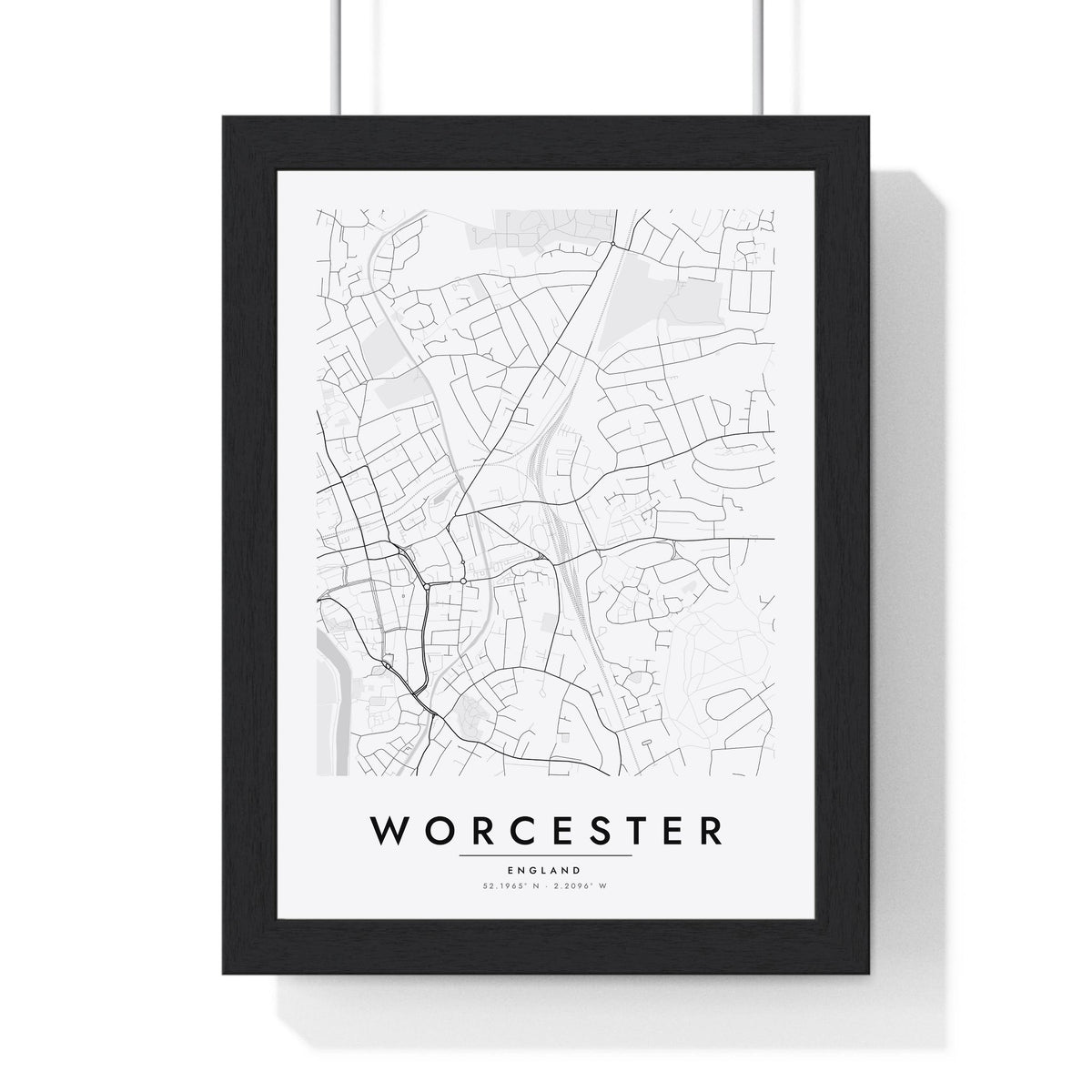 Worcester street map poster in white, minimal city map print framed in a black frame