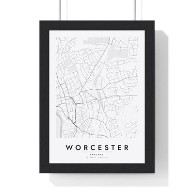 Worcester street map poster in white, minimal city map print framed in a black frame