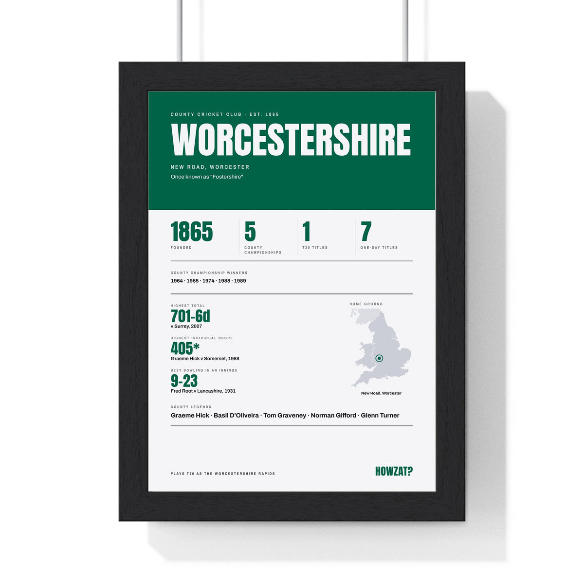 Worcestershire Cricket print framed in a black frame, ready to hang