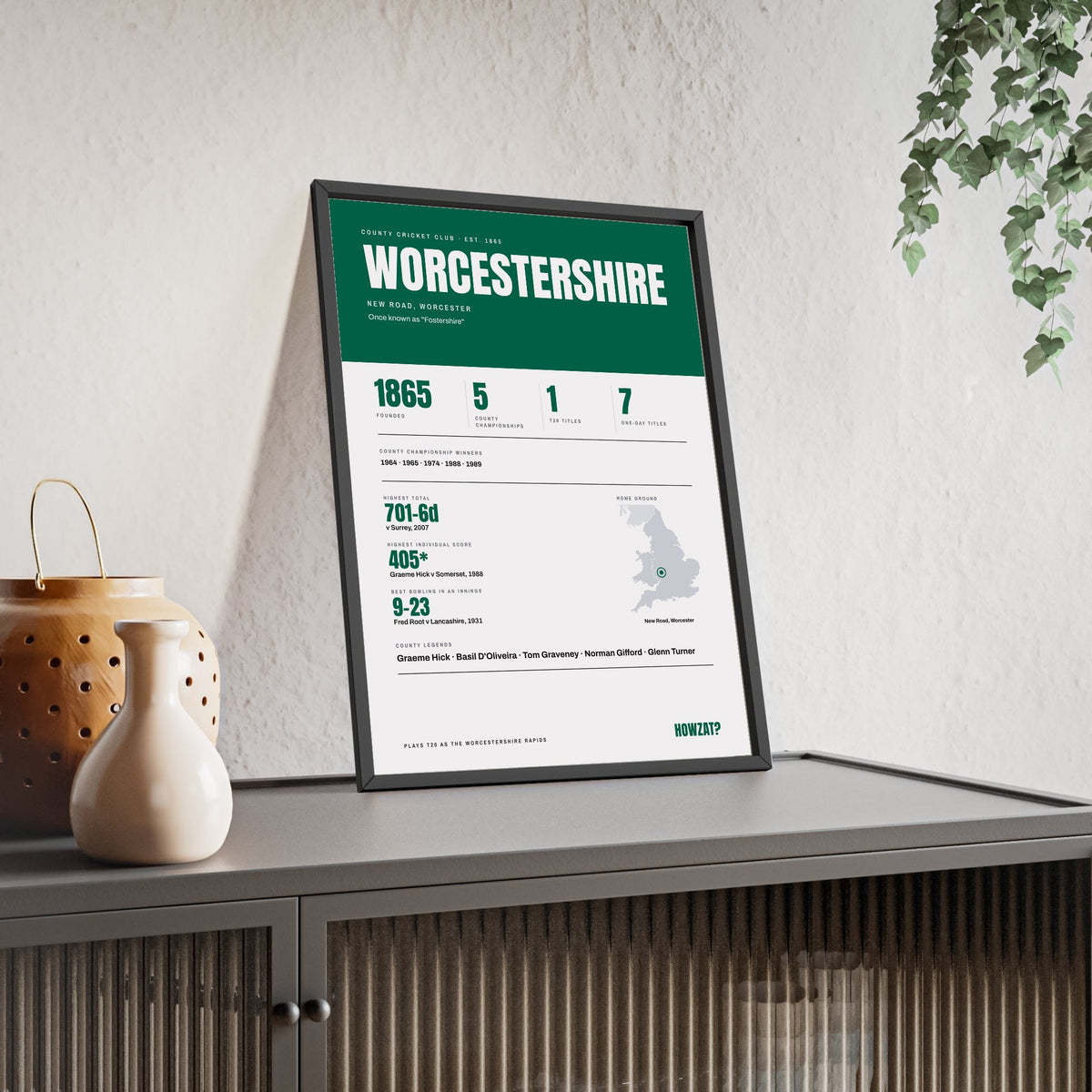 Worcestershire Cricket print framed and leaning on a sideboard