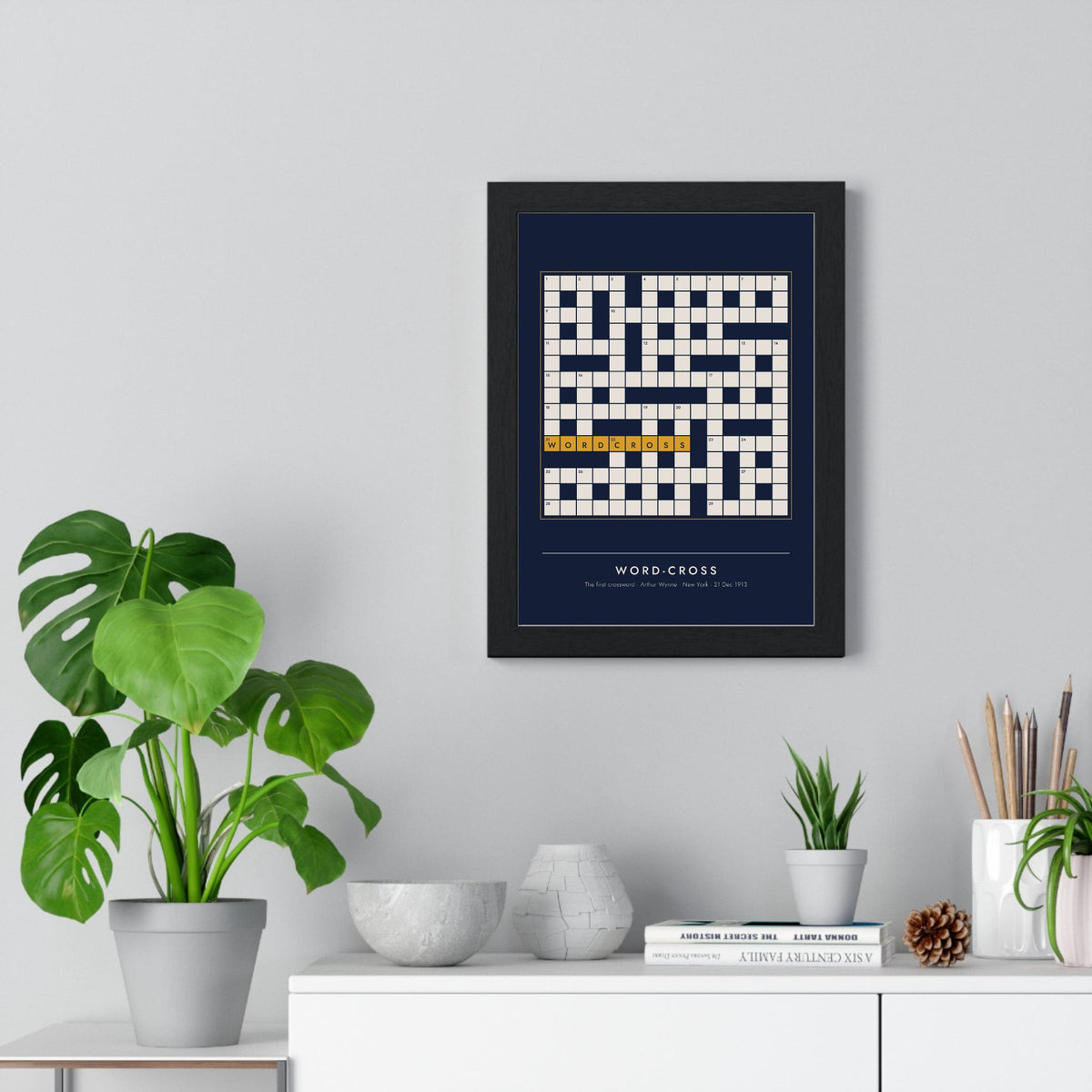 Word-Cross Crossword print framed on a living room wall