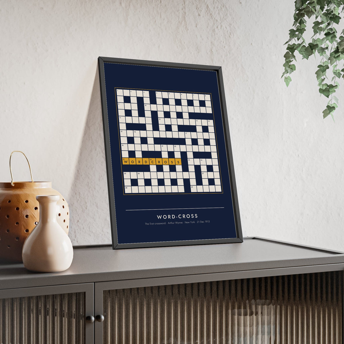 Word-Cross Crossword print framed and leaning on a sideboard