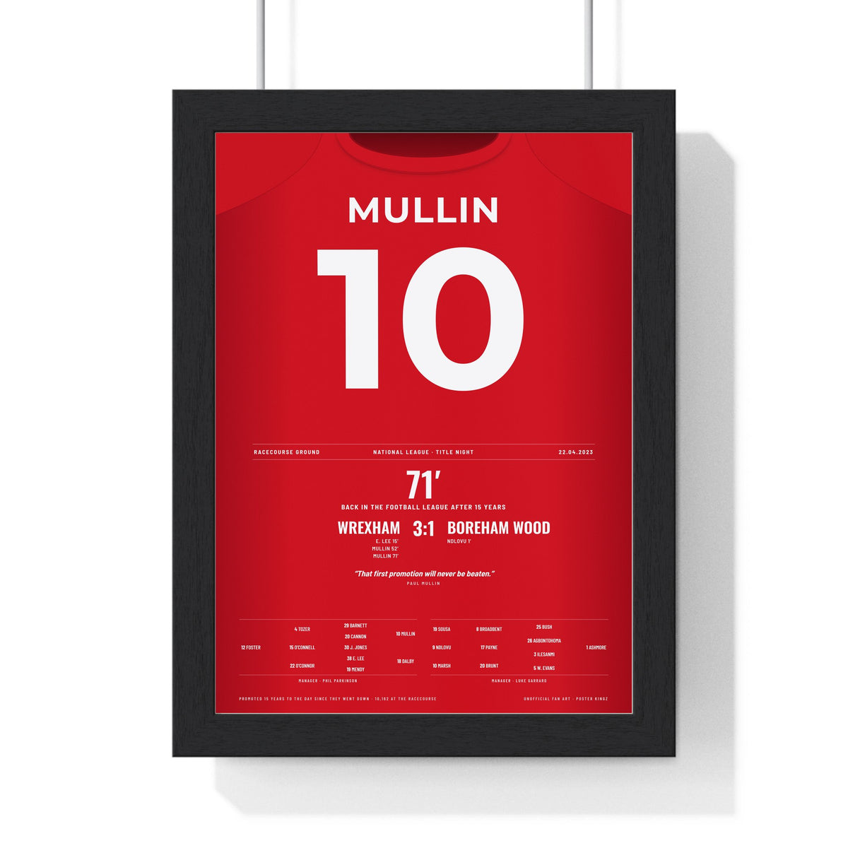 Wrexham Promotion 2023 Poster - Paul Mullin 10 Racecourse Ground framed in a black frame, ready to hang