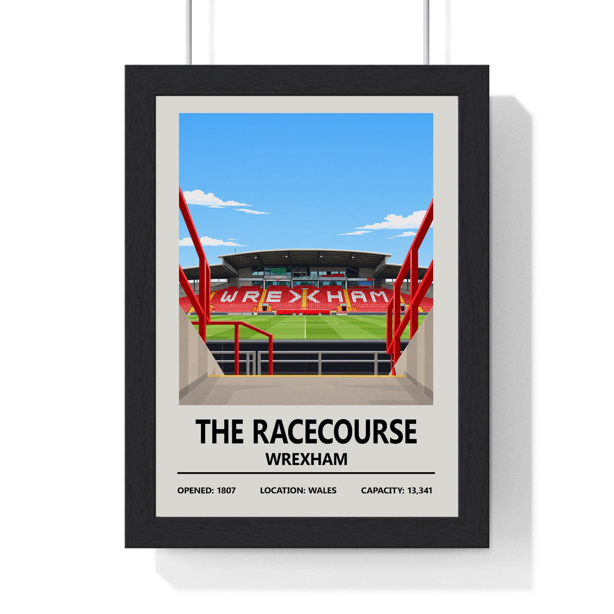 Wrexham The Racecourse Ground print framed in a black frame, ready to hang