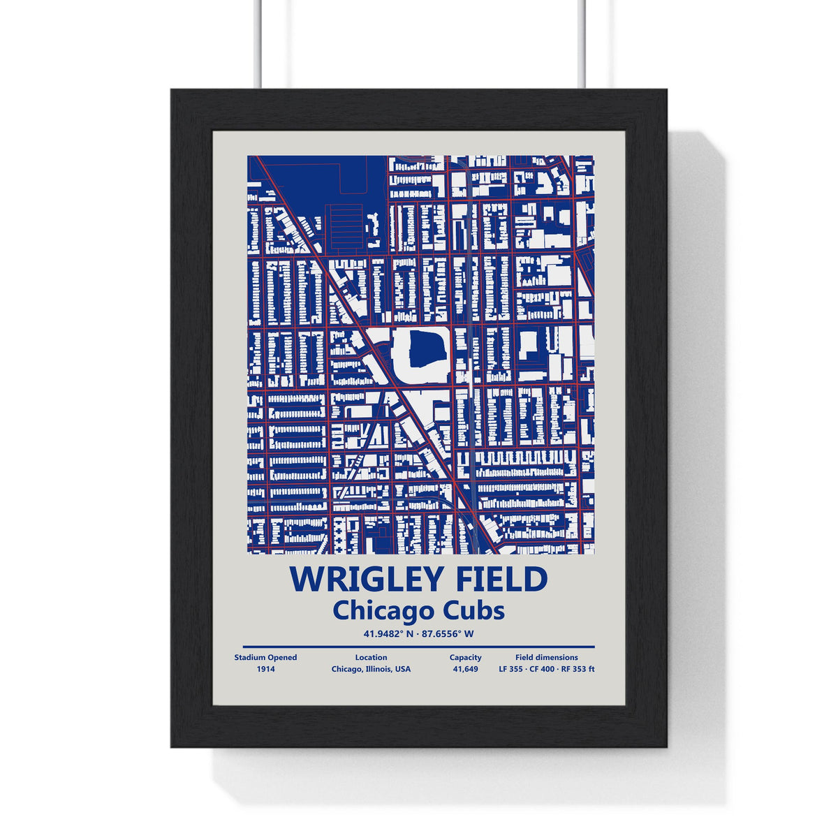 Wrigley Field map print framed in a black frame, ready to hang