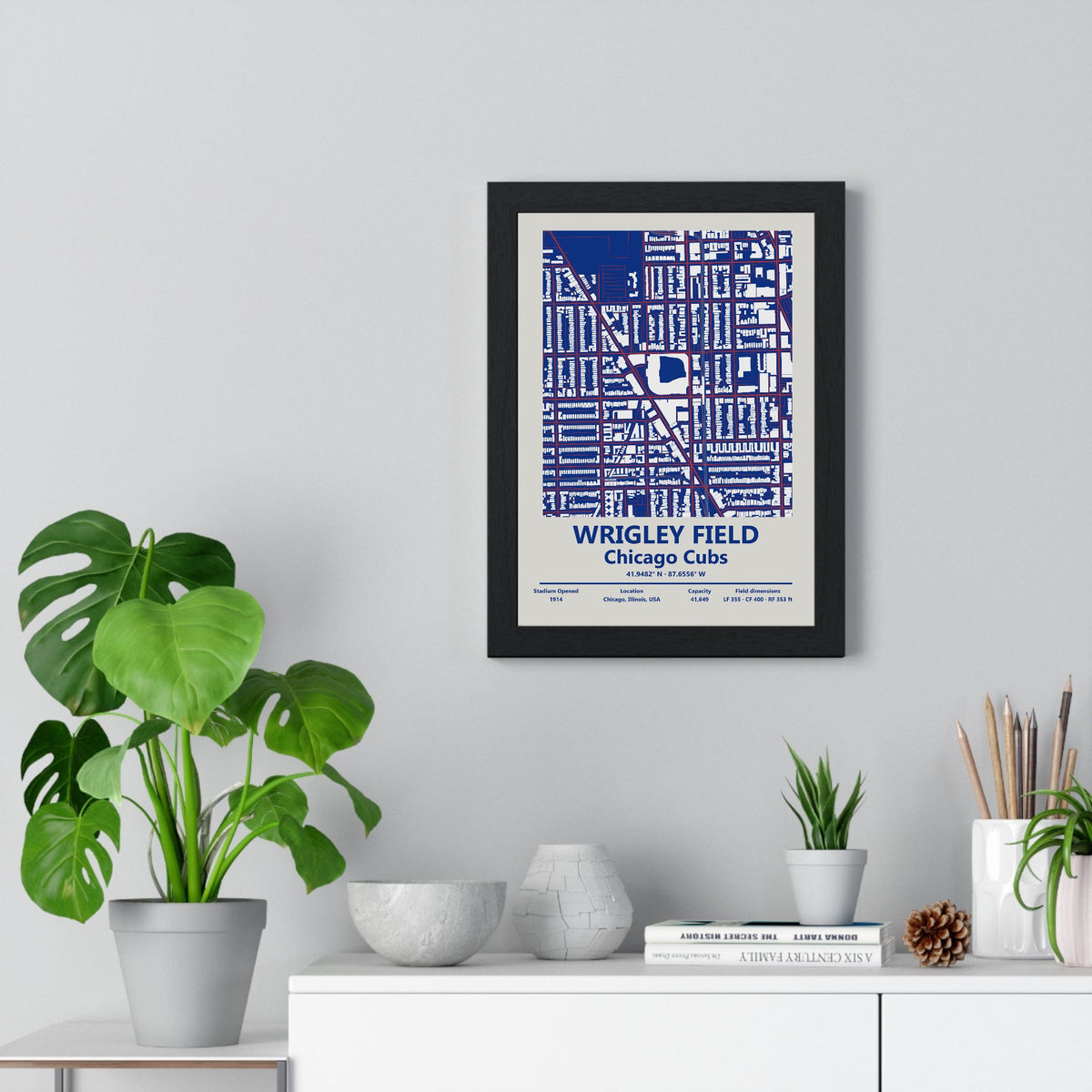 Wrigley Field map print framed on a living room wall