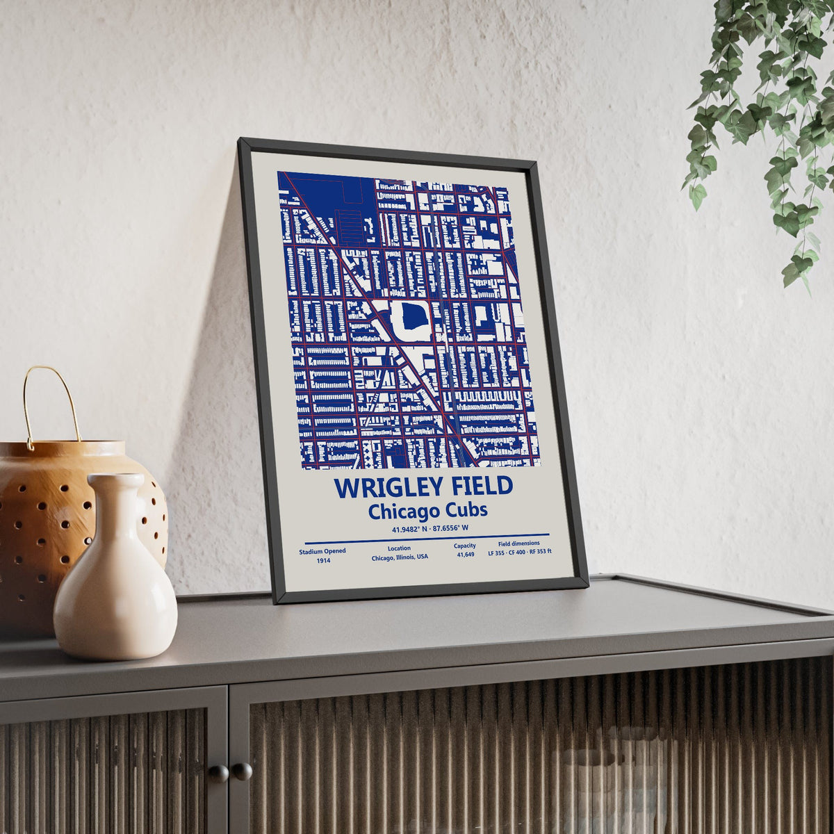 Wrigley Field map print framed and leaning on a sideboard
