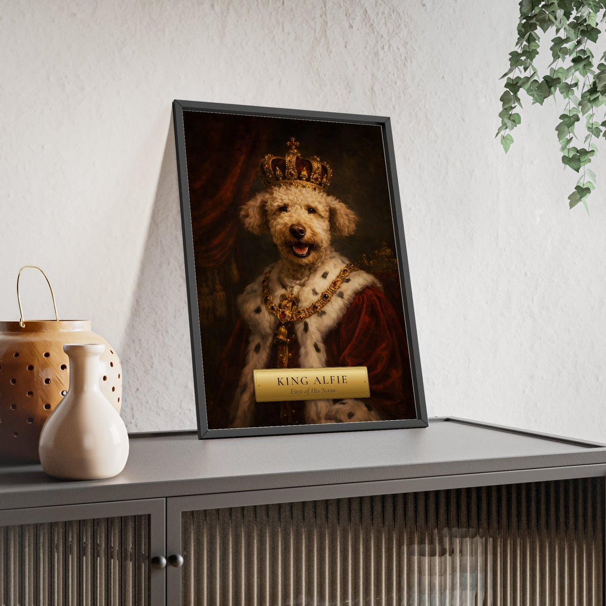 Royal pet portrait from photo: a cockapoo painted as a king in a crown and ermine robe, Renaissance oil painting style print with gold name plaque, framed