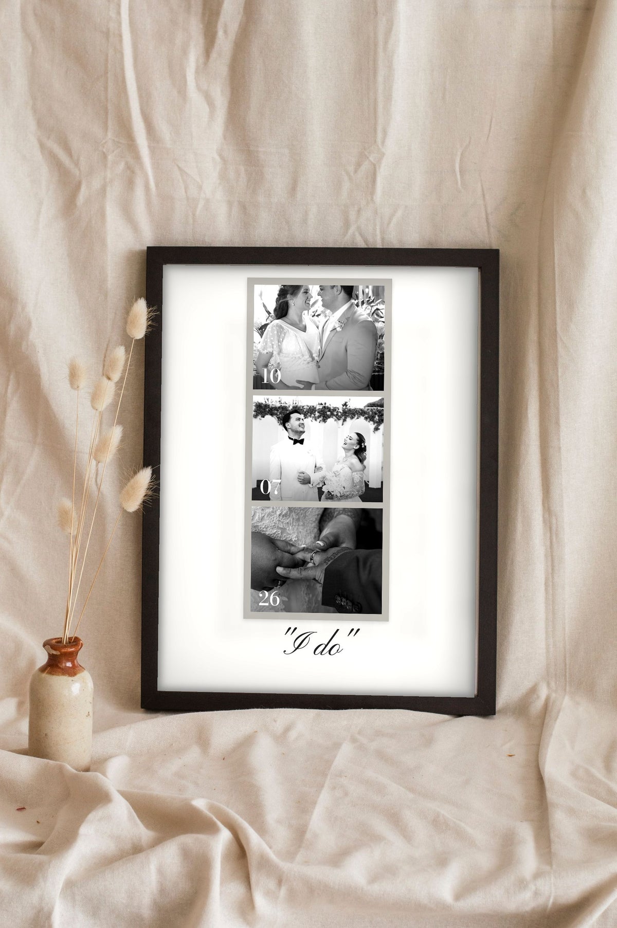 Personalised Wedding Photo Strip Print - Lifestyle - leaning in a frame with dried flowers