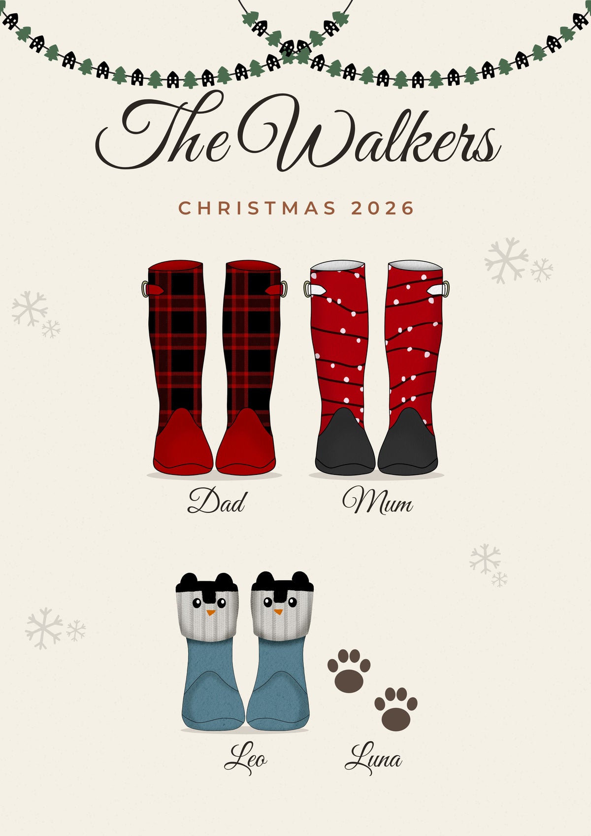 Personalised Christmas Family Welly Boots Print - design detail