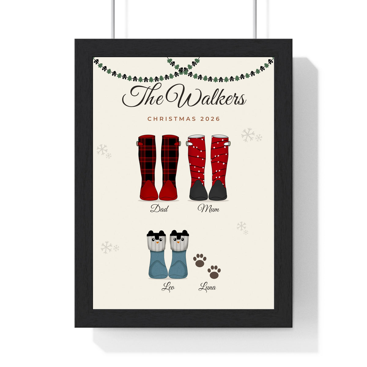 Personalised Christmas Family Welly Boots Print - framed Christmas family welly boots print