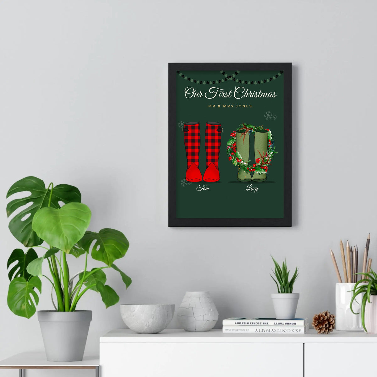 Personalised Christmas Family Welly Boots Print - Our First Christmas wellies on the wall