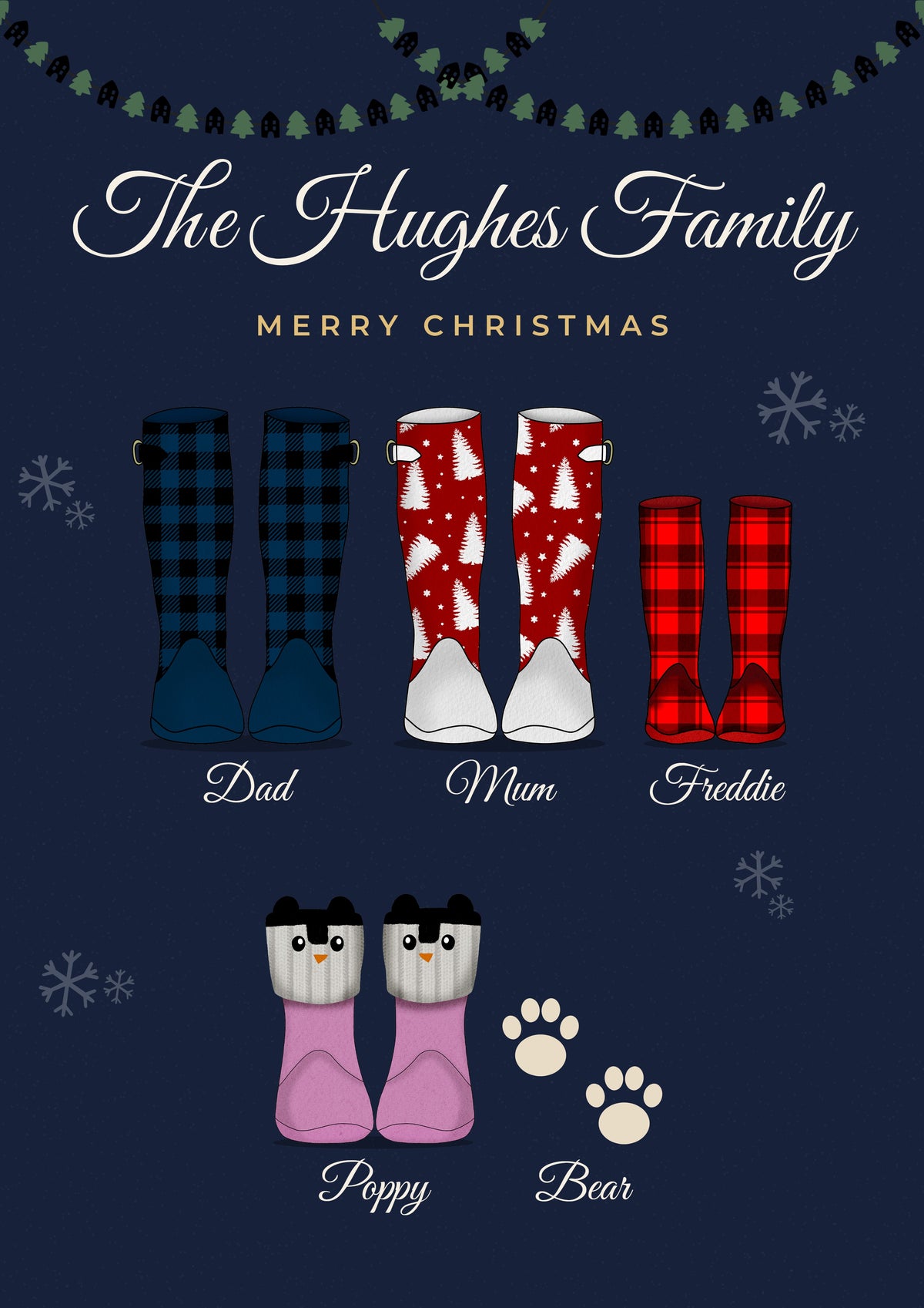 Personalised Christmas Family Welly Boots Print - navy Christmas family wellies