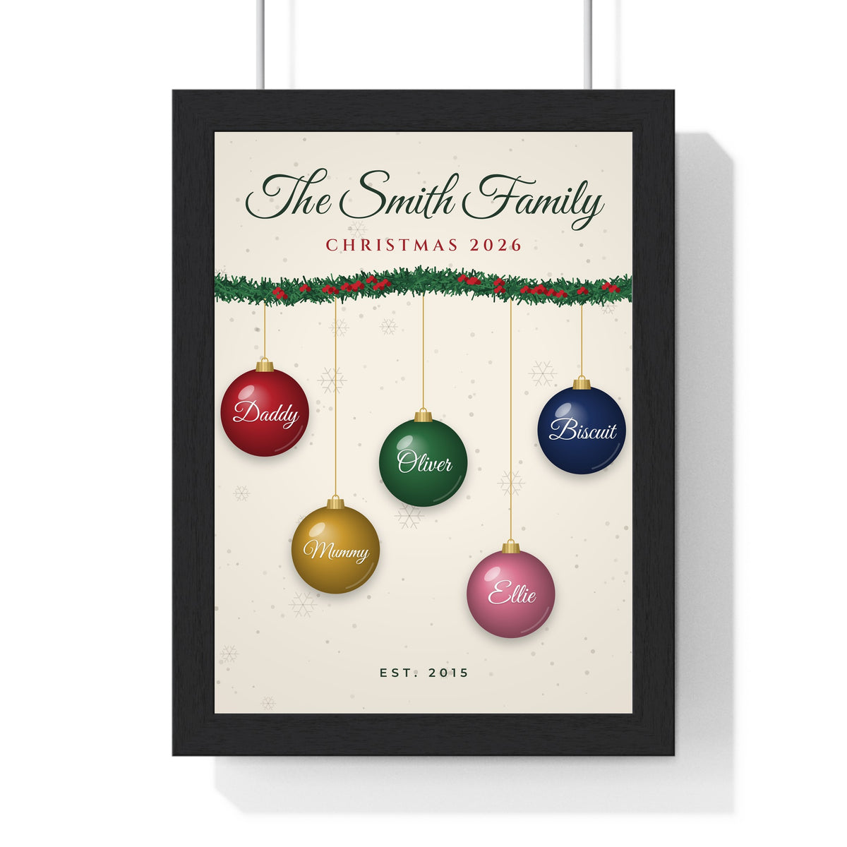 Personalised Family Christmas Bauble Print - framed cream version