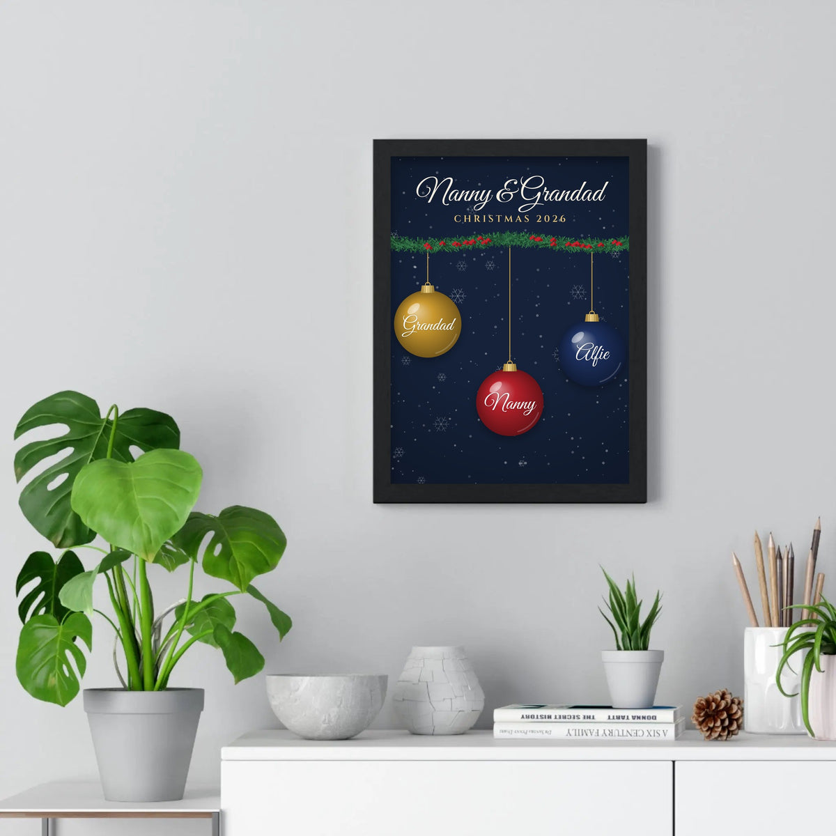 Personalised Family Christmas Bauble Print - Nanny and Grandad version on the wall
