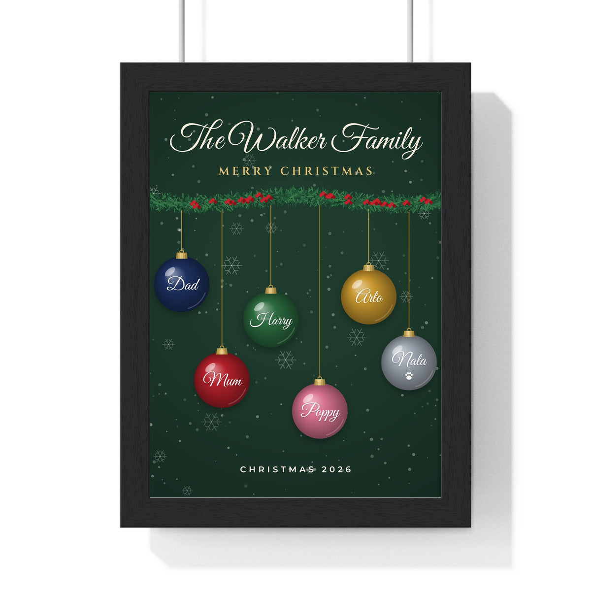 Personalised Family Christmas Bauble Print - framed green family bauble print