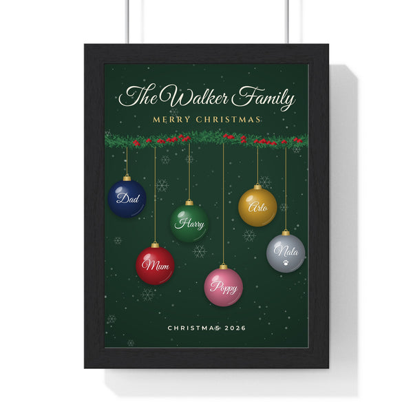 Personalised Family Christmas Bauble Print - framed green family bauble print