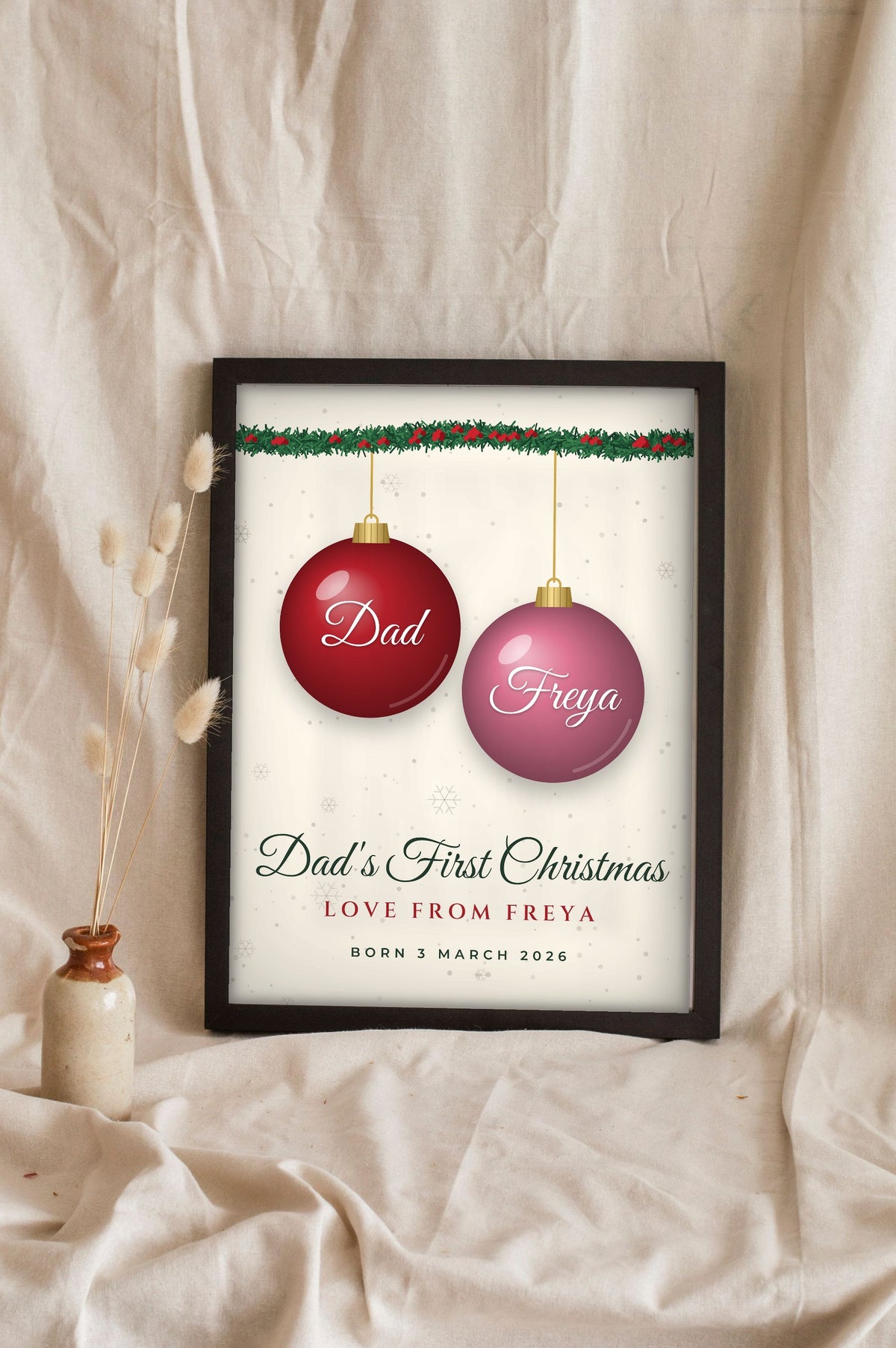 Personalised Dad's First Christmas Print - cream Dad and Freya version