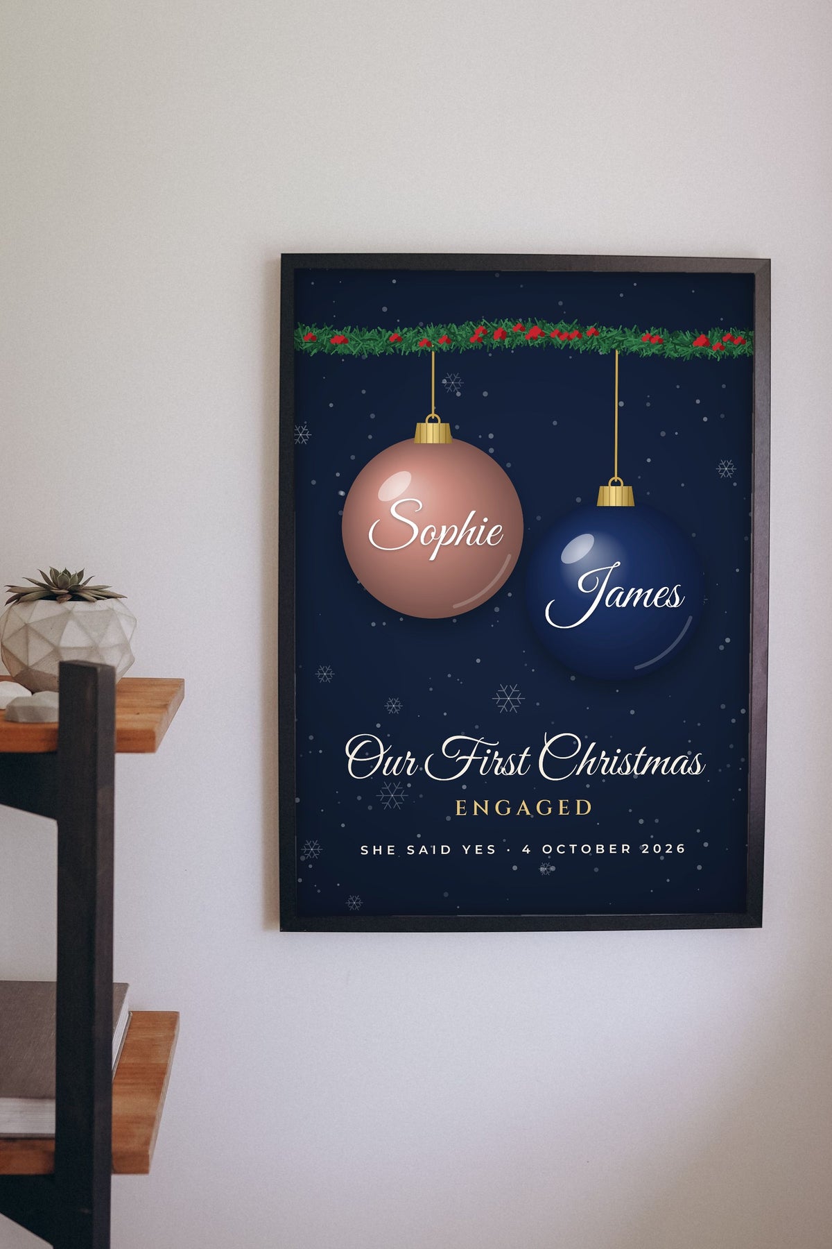 Personalised Our First Christmas Engaged Print - on the living room wall
