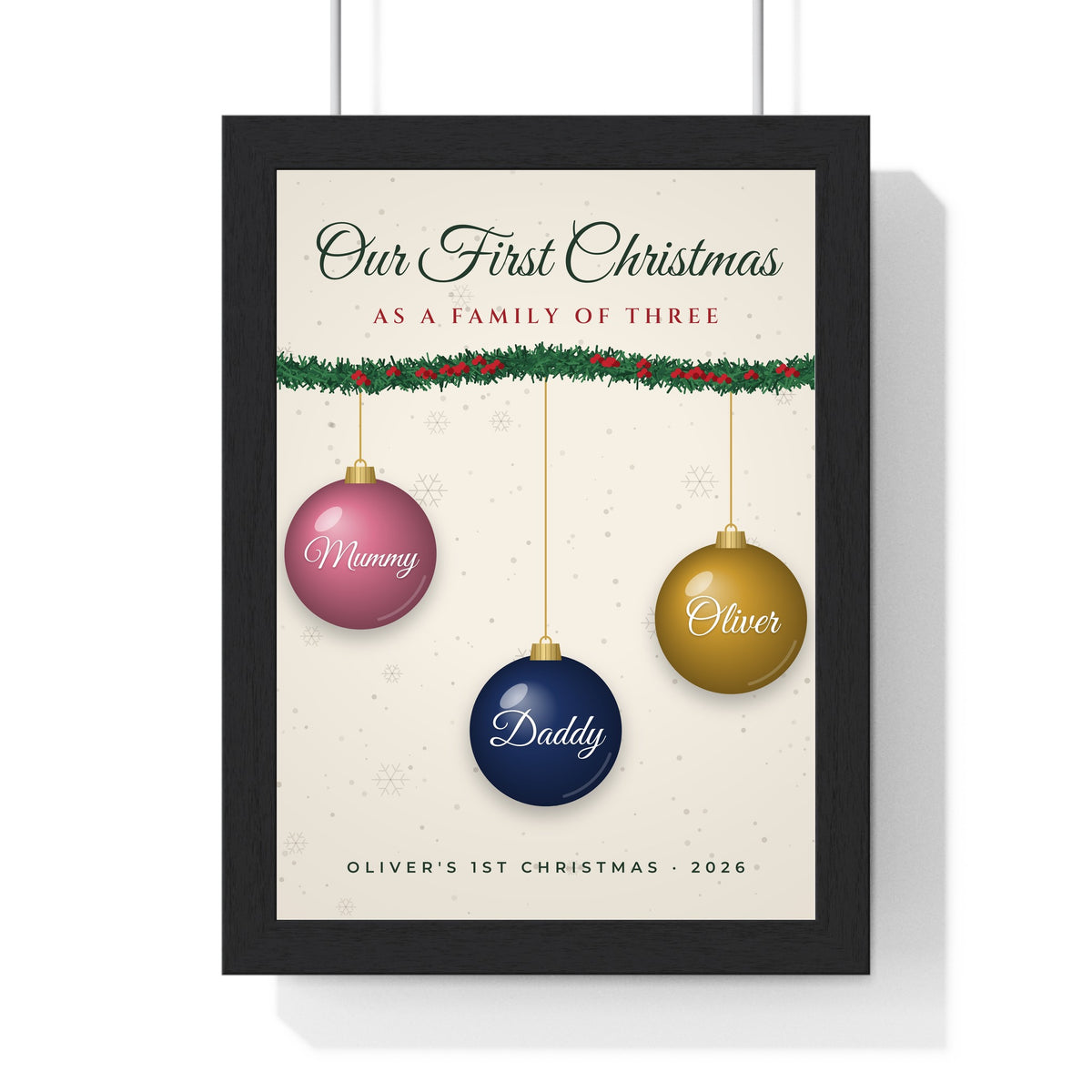 Personalised Our First Christmas as a Family Print - framed cream family of three print