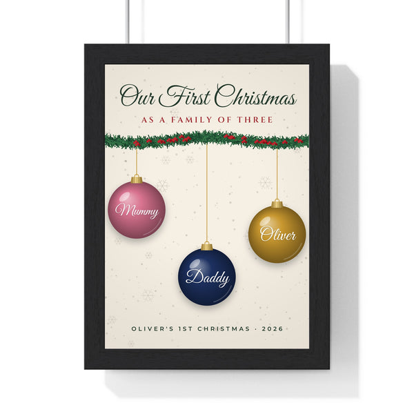 Personalised Our First Christmas as a Family Print - framed cream family of three print