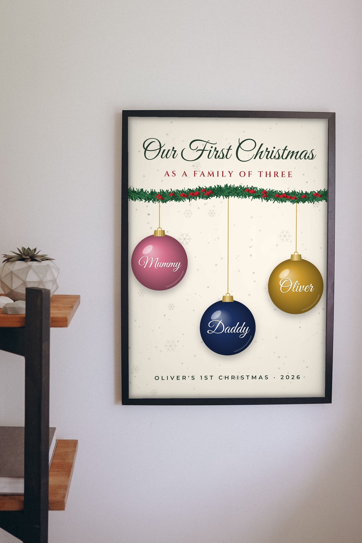 Personalised Our First Christmas as a Family Print - on the living room wall