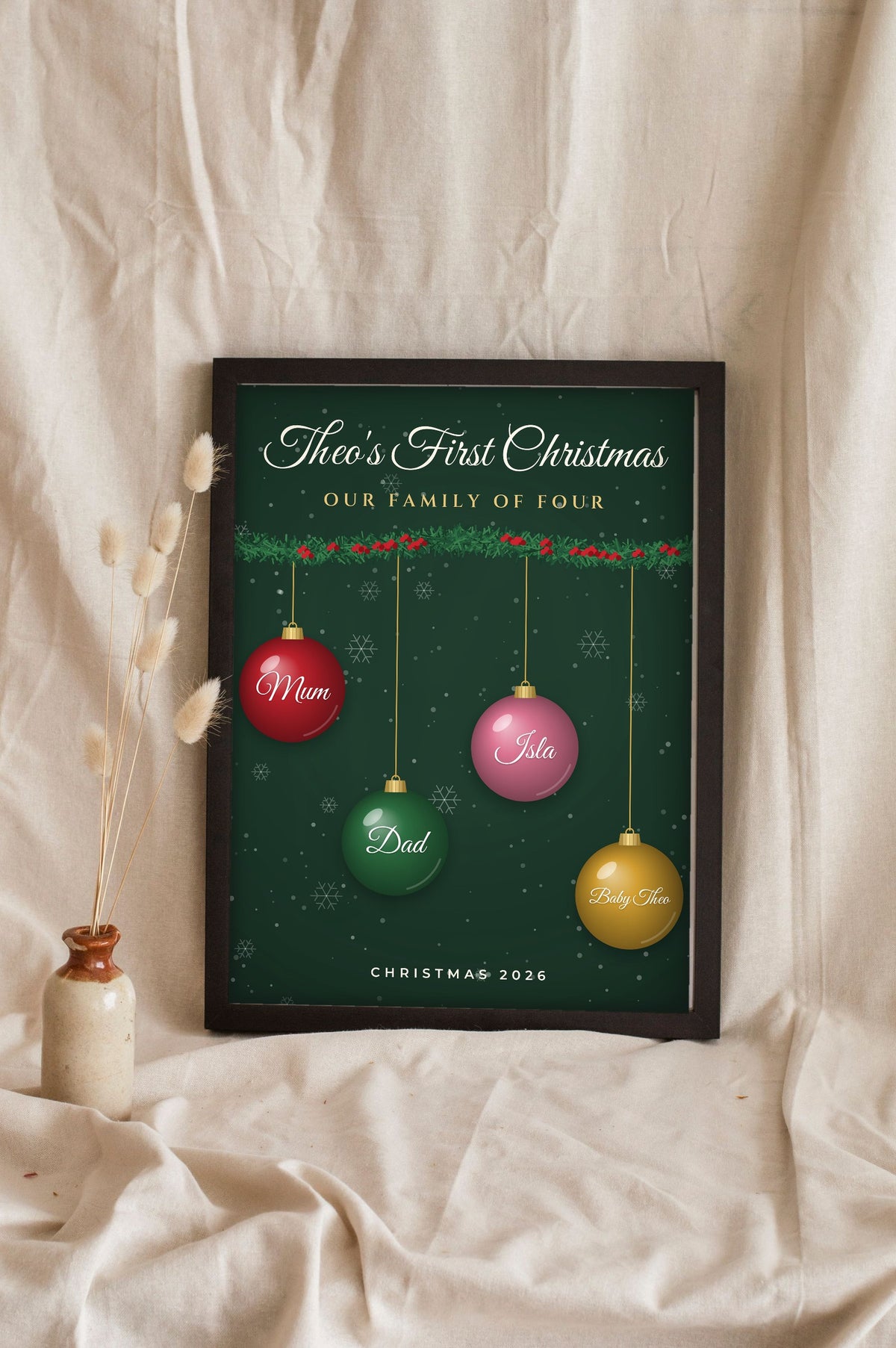 Personalised Our First Christmas as a Family Print - green family of four version