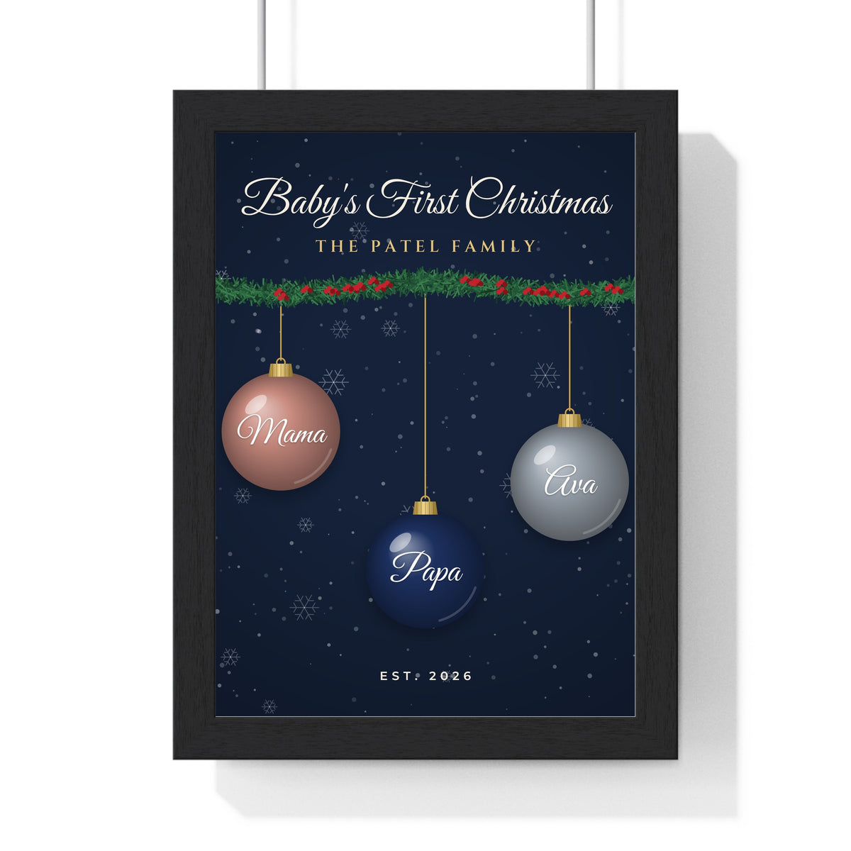 Personalised Our First Christmas as a Family Print - framed navy Baby's First Christmas version
