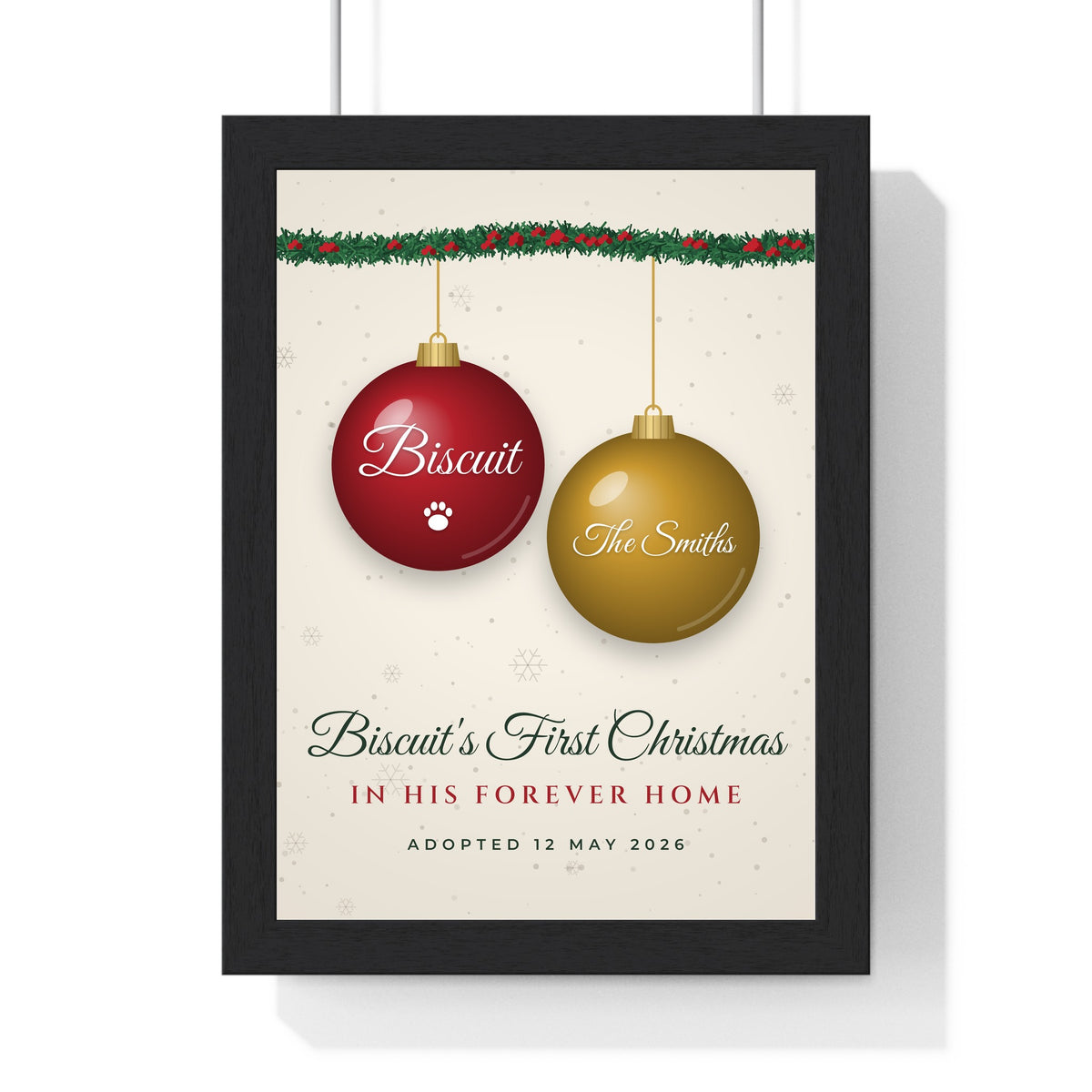 Personalised Dog's First Christmas Print - framed cream Biscuit's First Christmas print