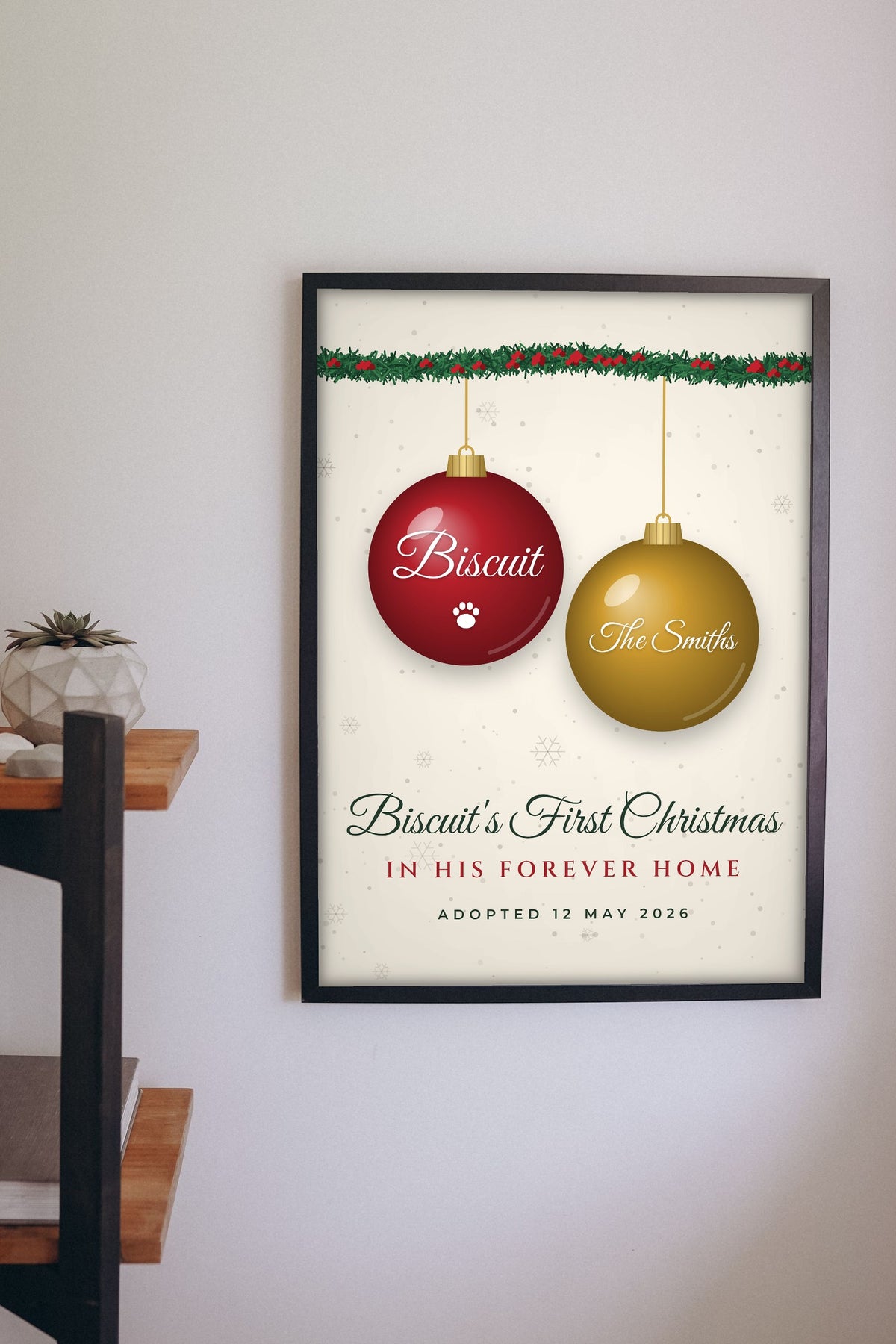 Personalised Dog's First Christmas Print - on the living room wall
