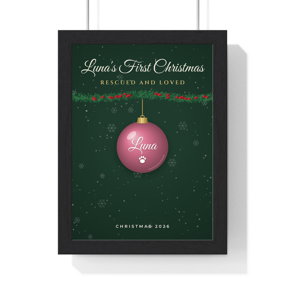 Personalised Dog's First Christmas Print - framed forest green version