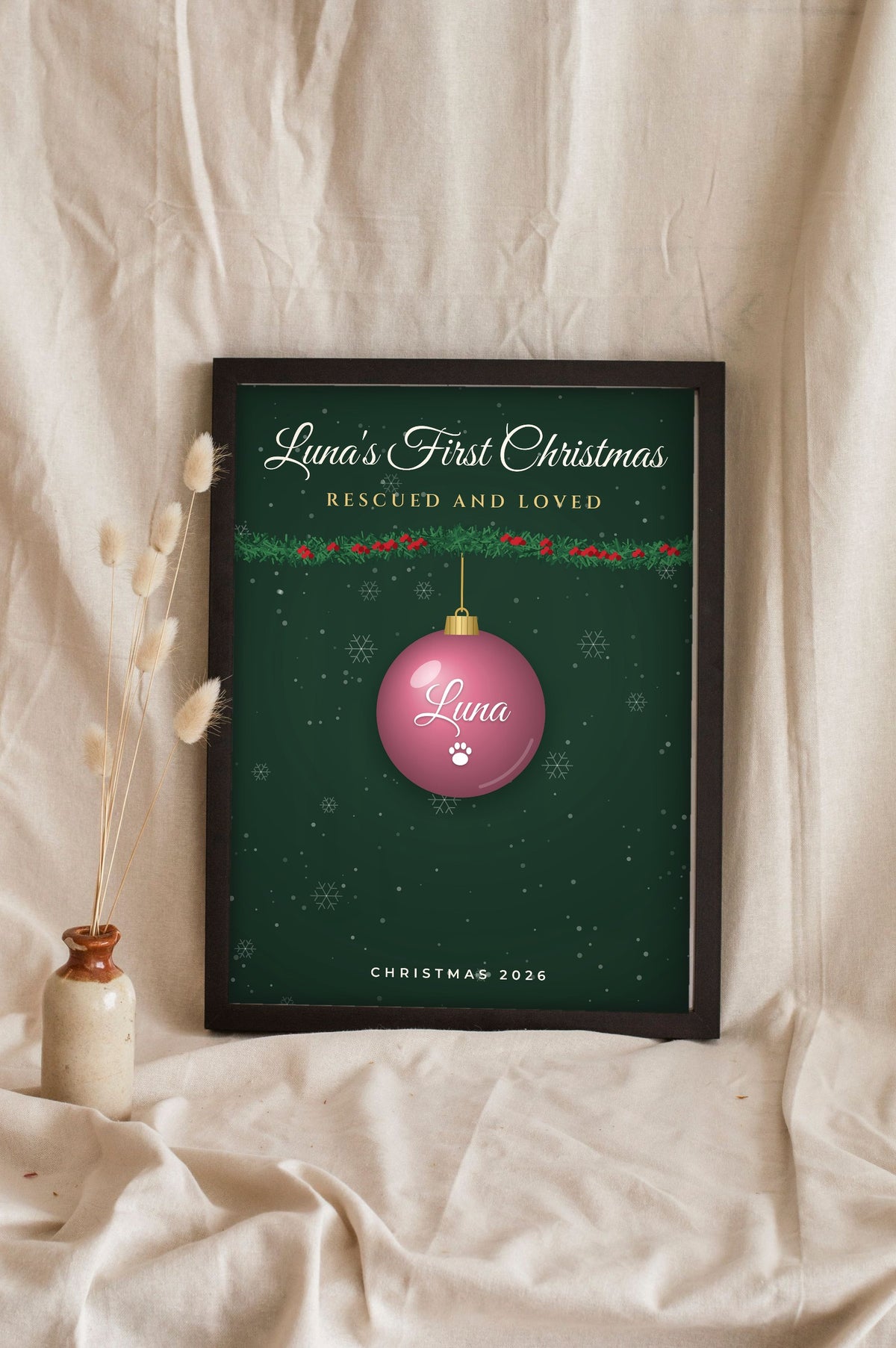 Personalised Dog's First Christmas Print - green rescue dog version