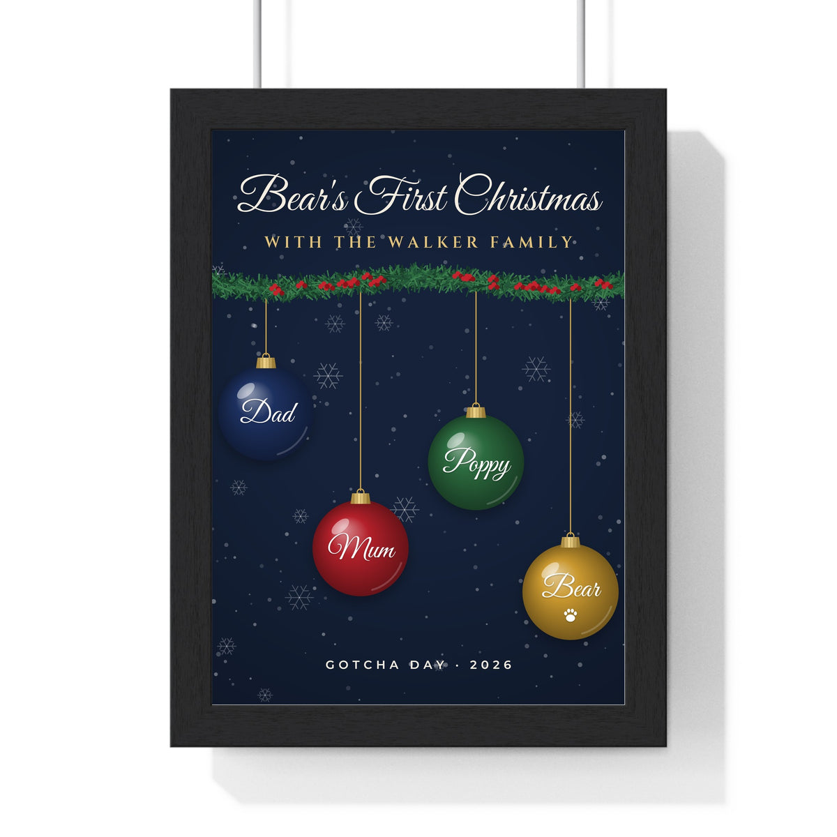 Personalised Dog's First Christmas Print - framed navy whole-family version