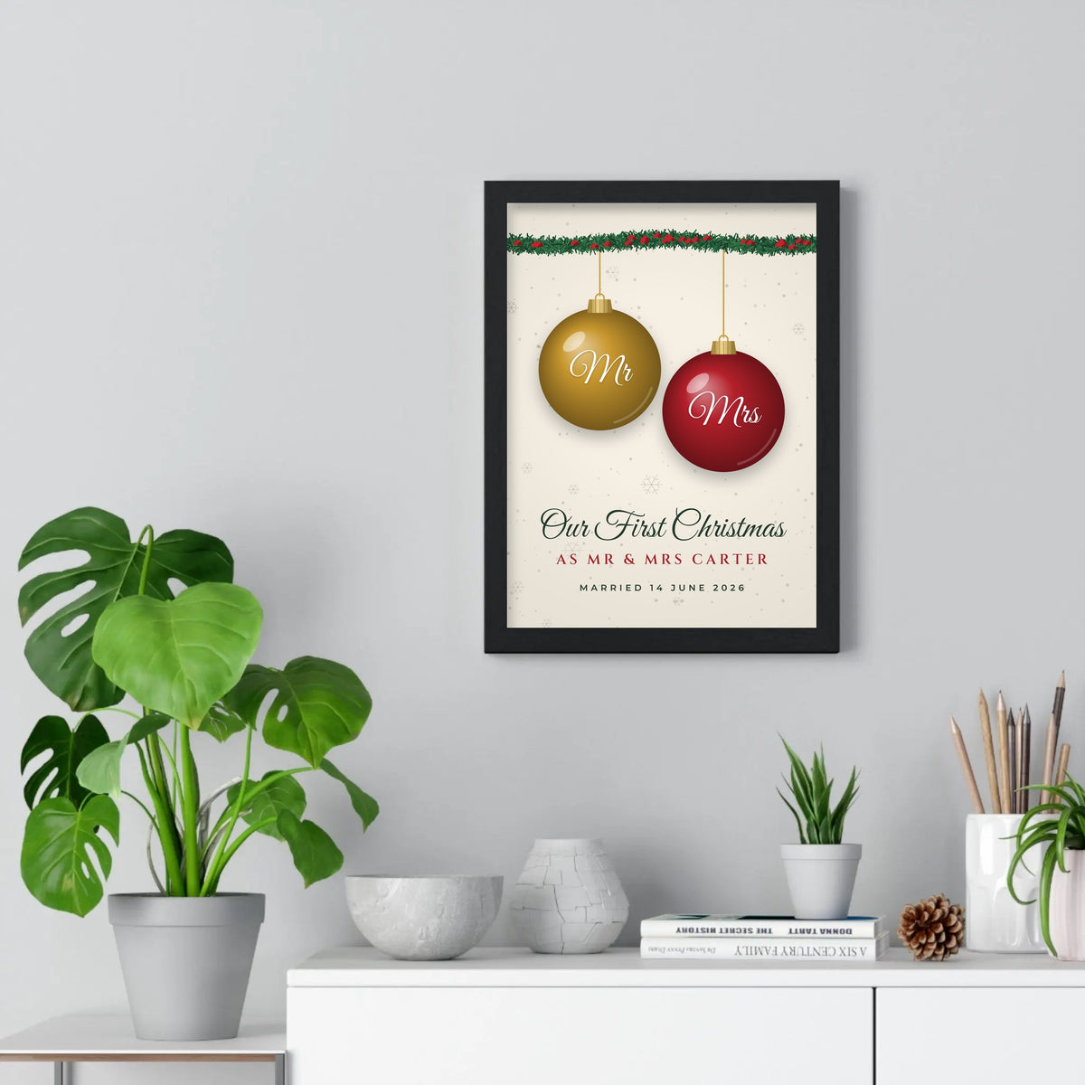 Personalised First Christmas as Mr & Mrs Print - cream version on the wall