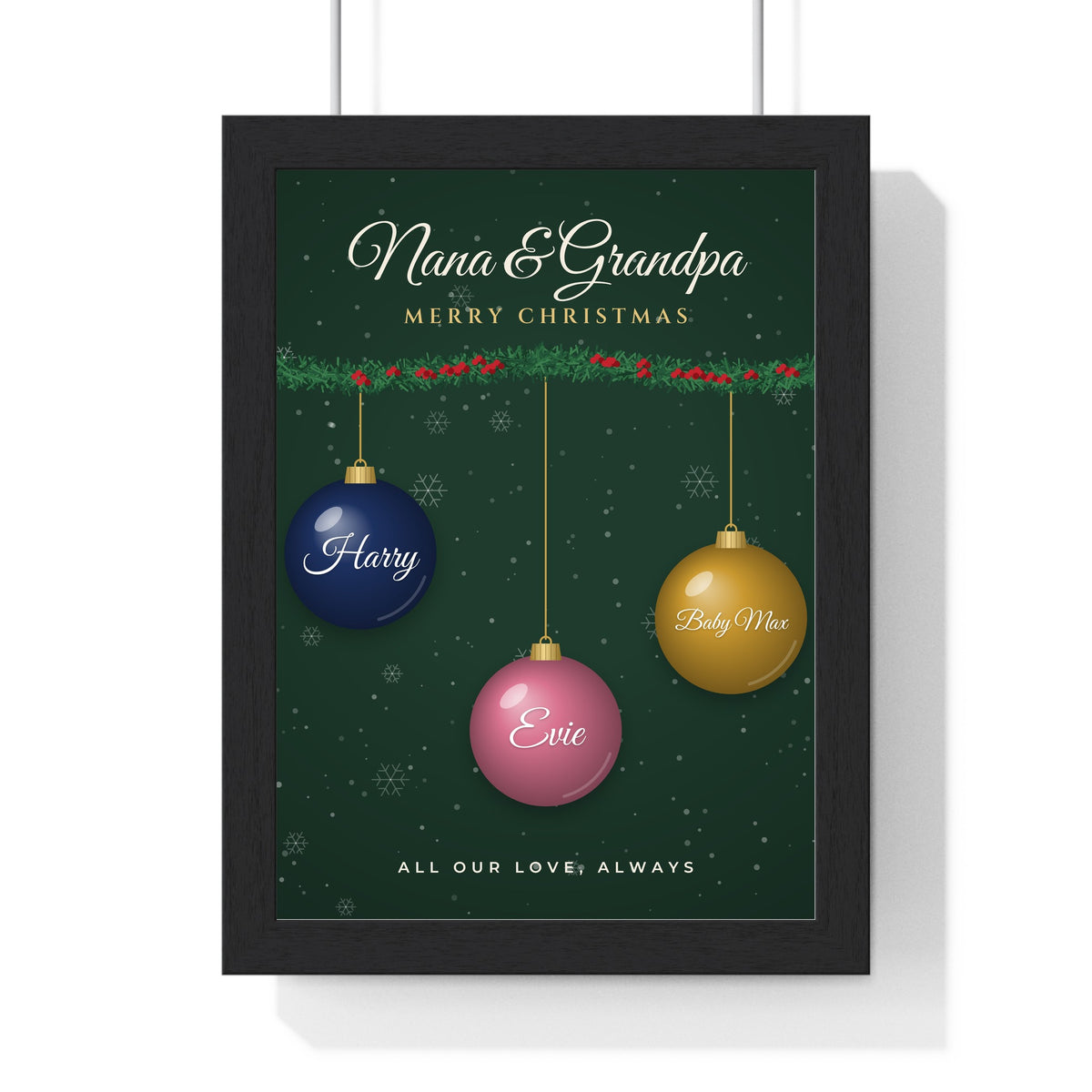 Personalised Nanny & Grandad Christmas Print - framed forest green version