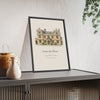 Wedding venue illustration from photo: a stone manor house painted in watercolour and ink, with the couple names, venue name and wedding date, framed anniversary print