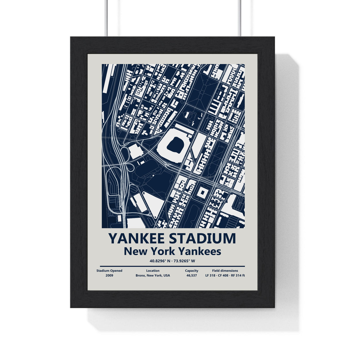 Yankee Stadium map print framed in a black frame, ready to hang