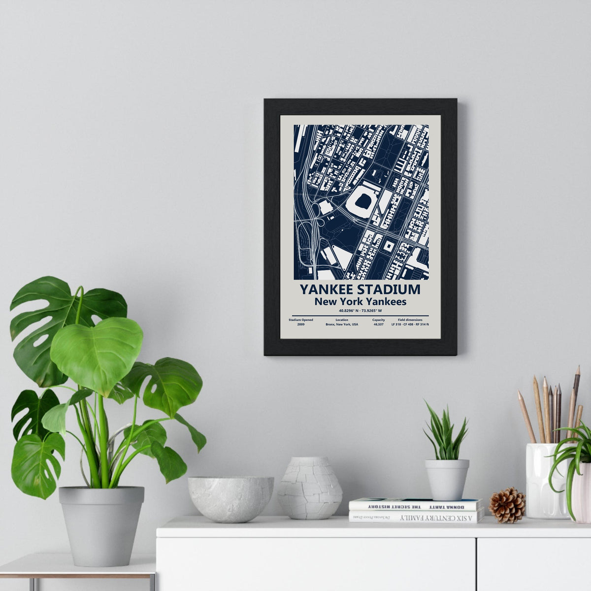 Yankee Stadium map print framed on a living room wall