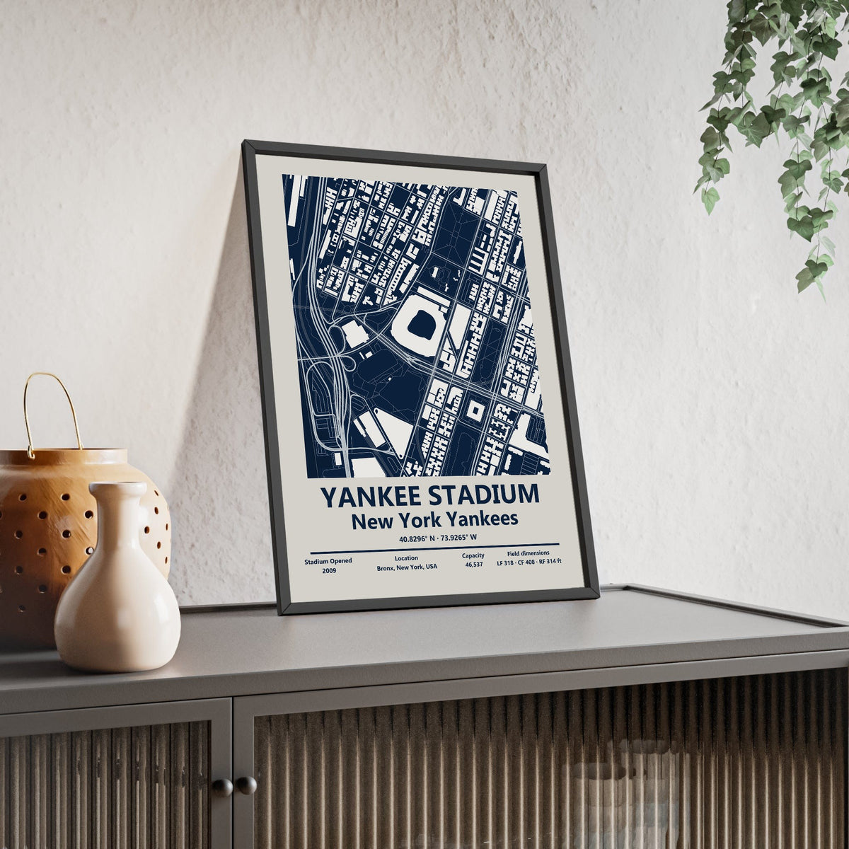 Yankee Stadium map print framed and leaning on a sideboard