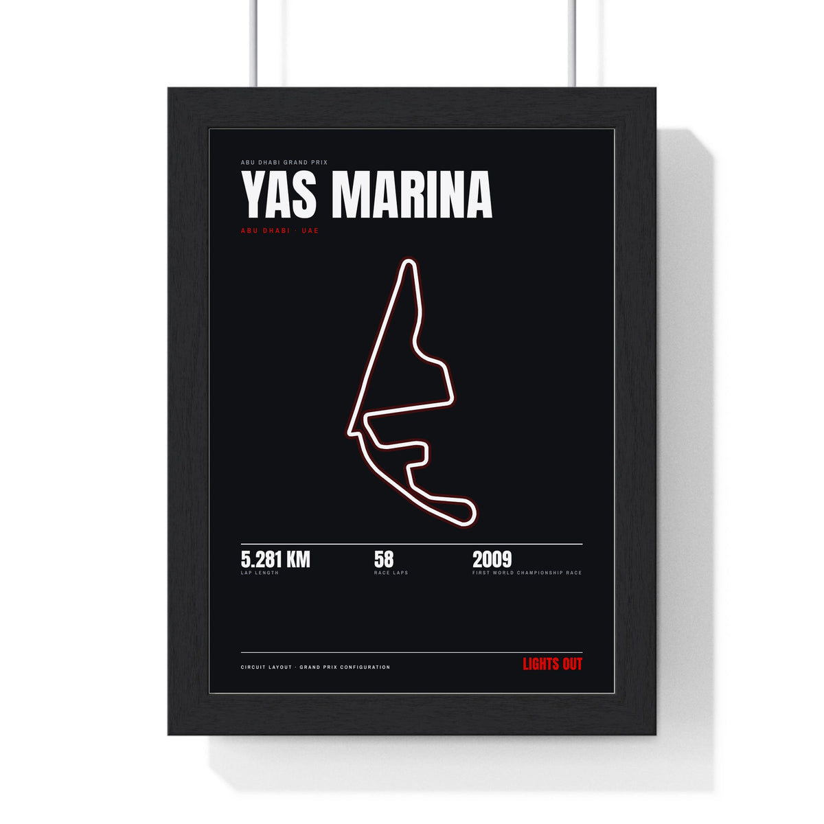 Yas Marina Circuit print framed in a black frame, ready to hang