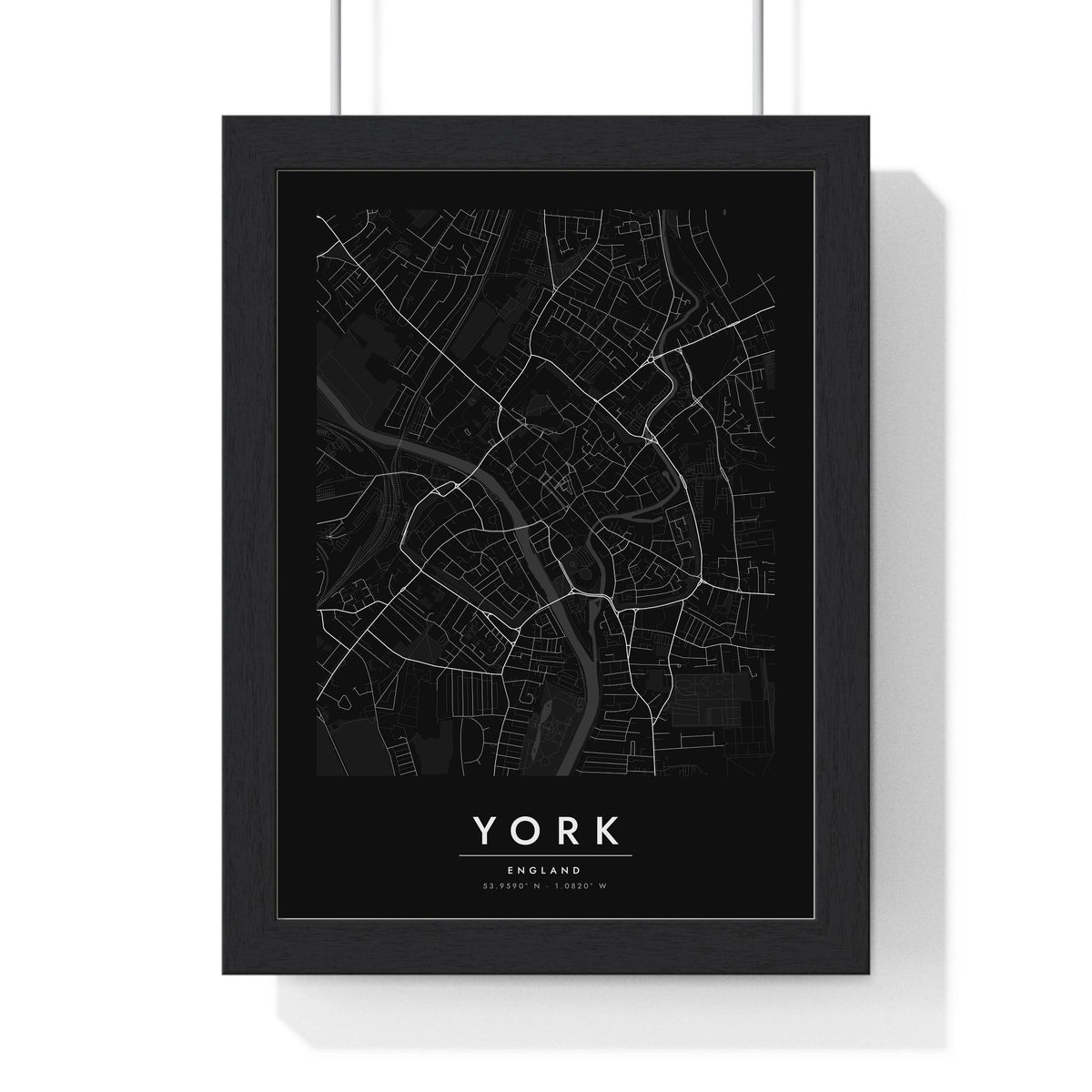 York street map poster in black, minimal city map print framed in a black frame