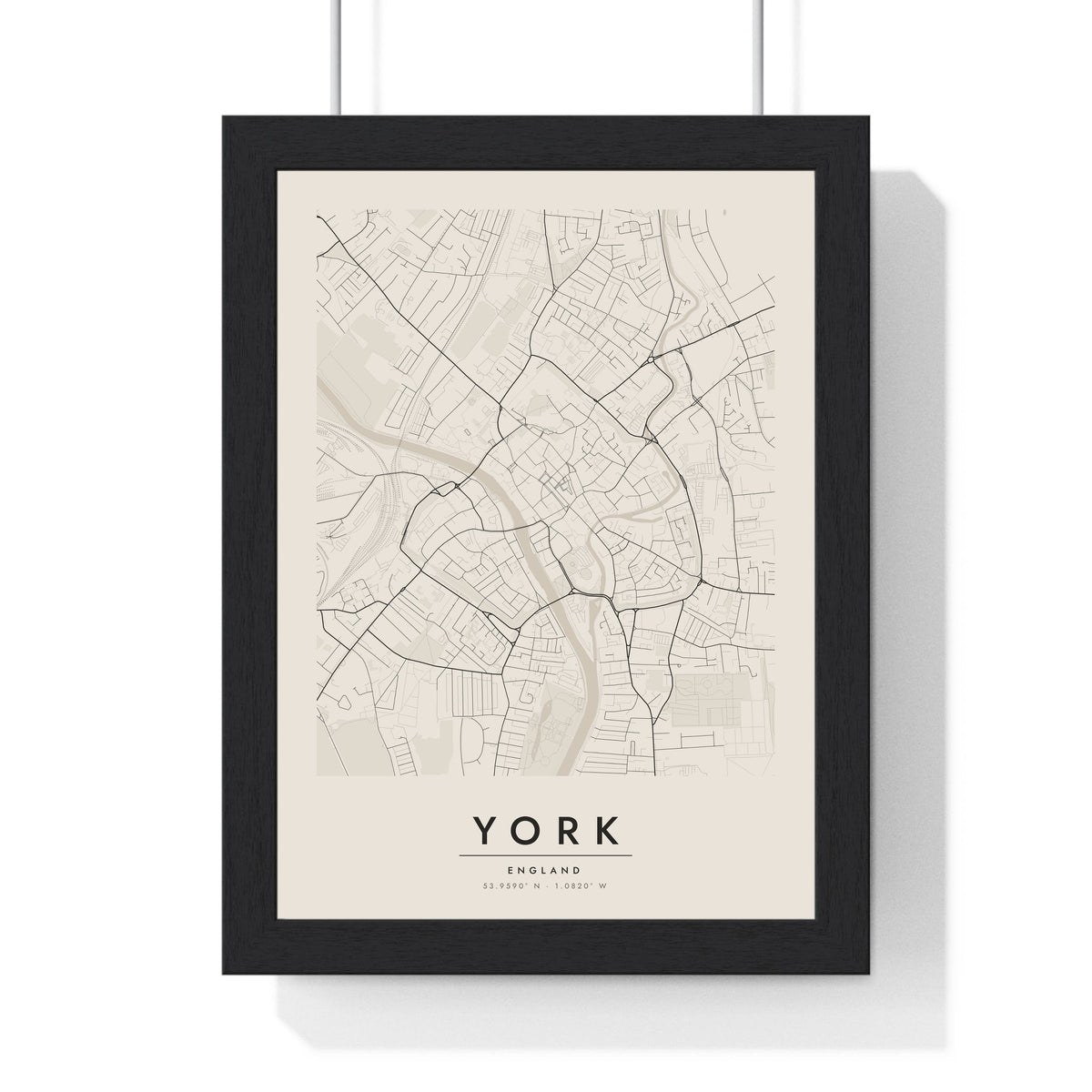 York street map poster in cream, minimal city map print framed in a black frame