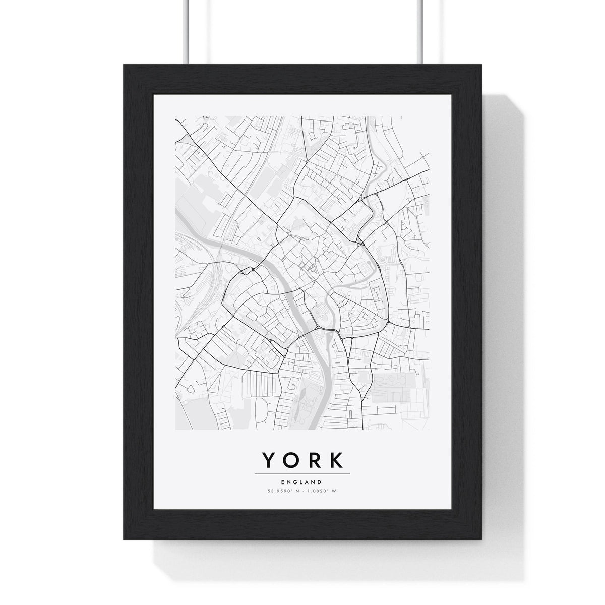 York street map poster in white, minimal city map print framed in a black frame