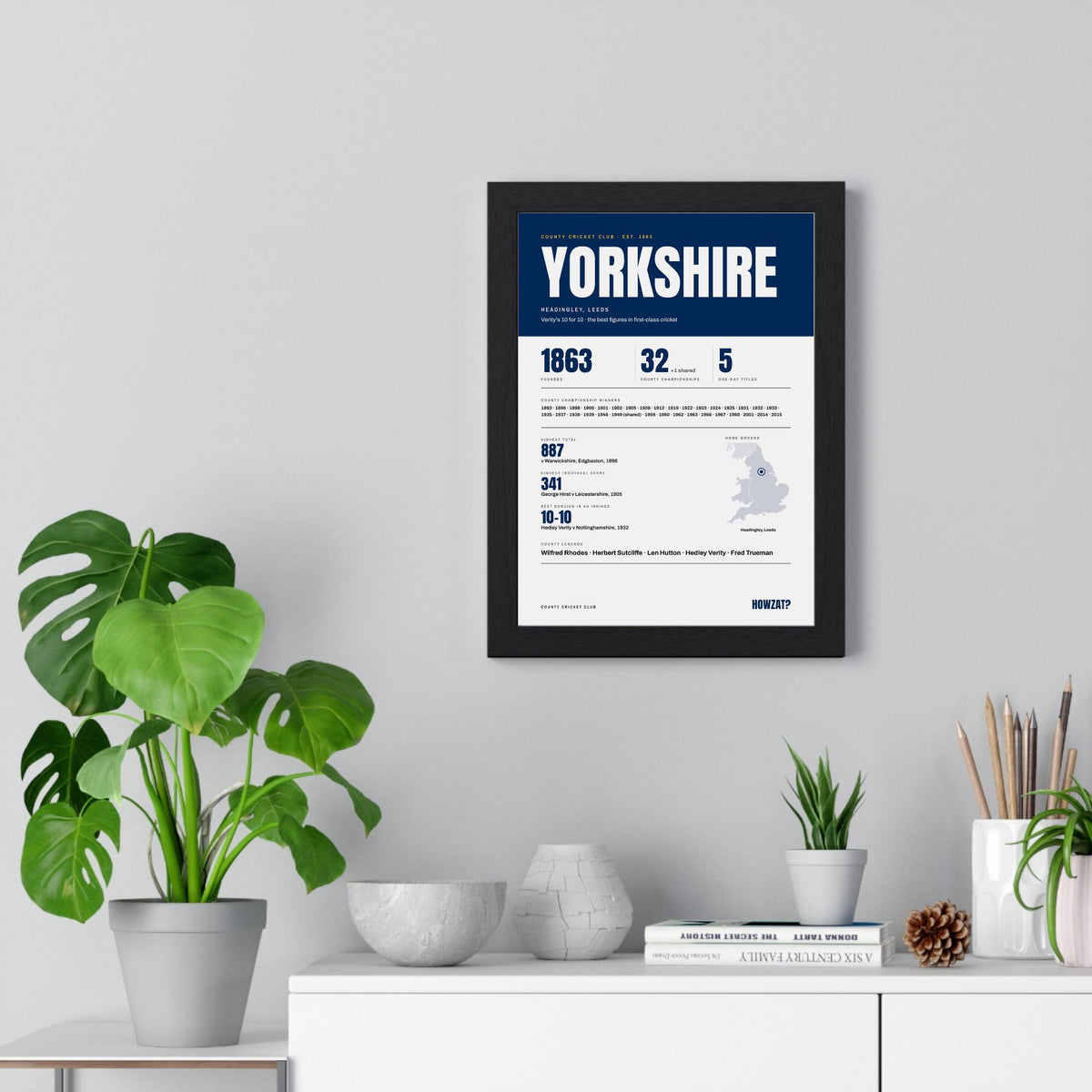 Yorkshire Cricket print framed on a living room wall