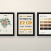 Yorkshire Sayings Set of 3 Prints framed side by side on a wall