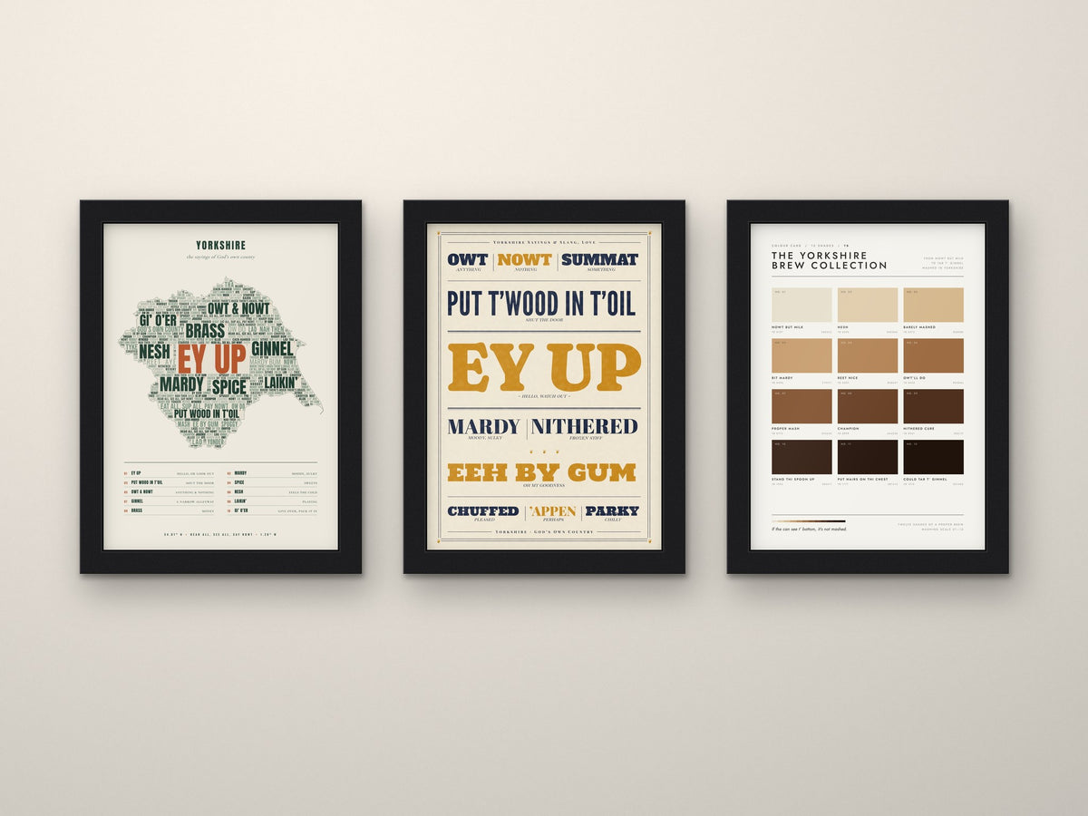 Yorkshire Sayings Set of 3 Prints framed side by side on a wall